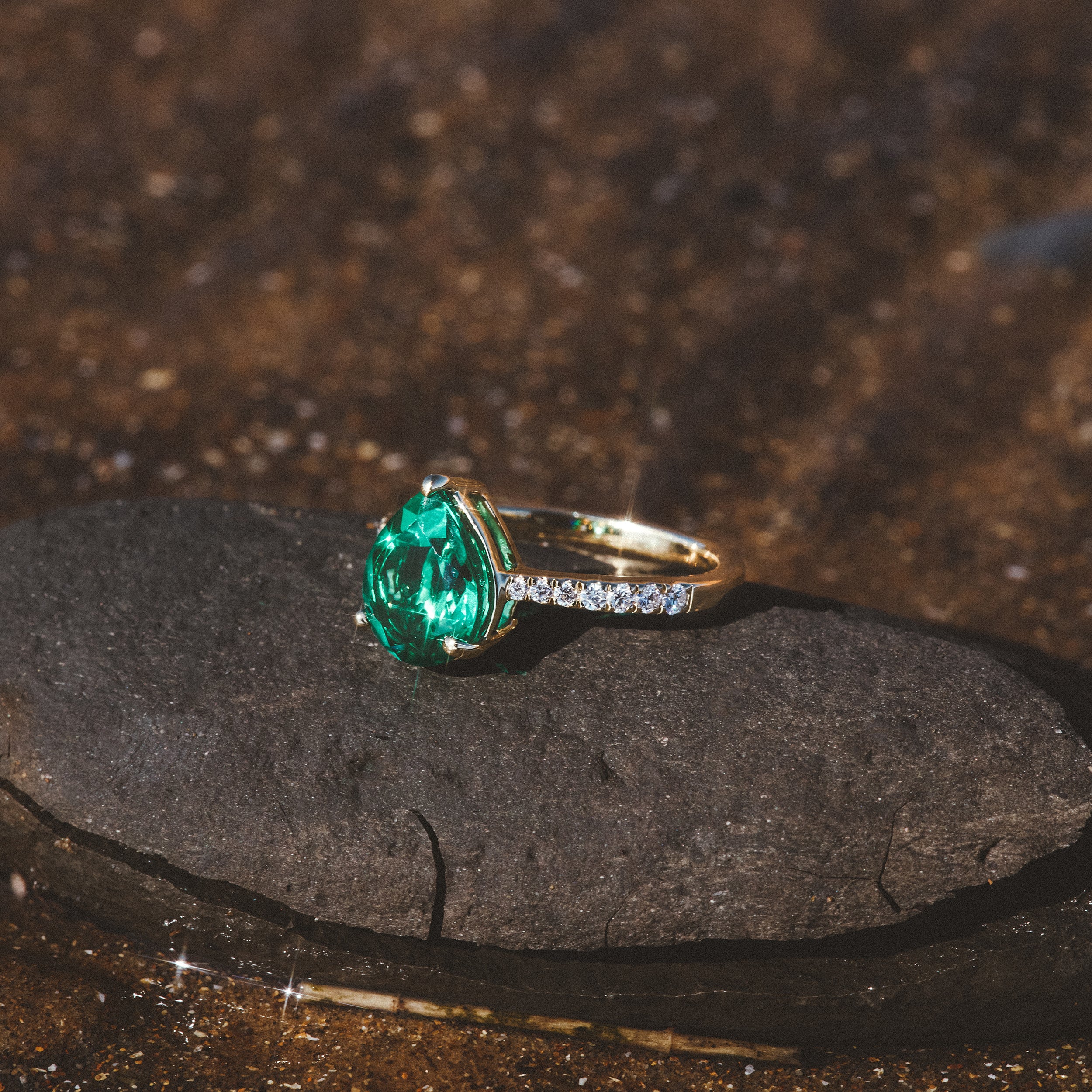 Astra 2.30ct Lab Emerald and Diamond Shoulder Set Pear Cut Ring in 18K Gold Vermeil